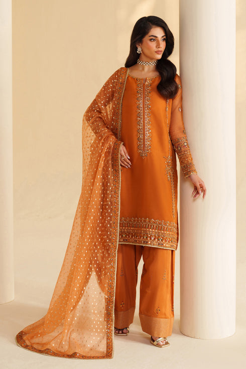 Orange Embroidered Organza Shirt with Farshi Shalwar - Naqshi | Feemora Organza Raw Silk | Yameen