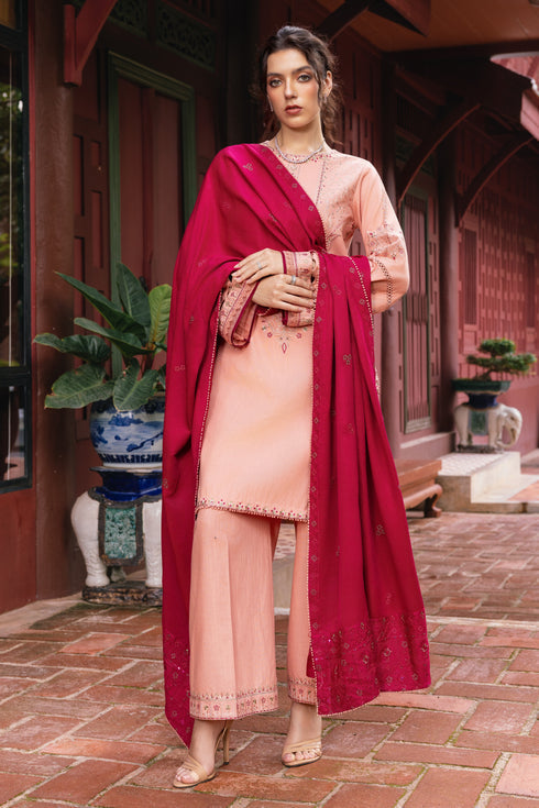 Pale Peach Embroidered Khaddar Shirt with Trouser - Naqshi | Nuri Khaddar Velvet Marina | Insabat