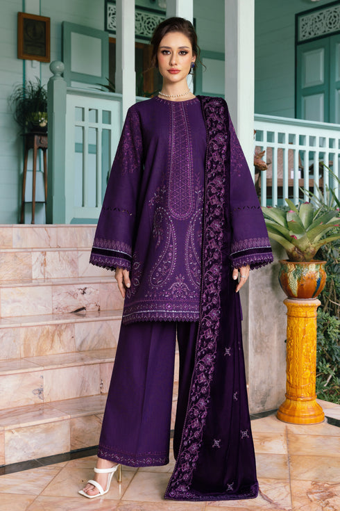 Midnight plum Embroidered Khaddar Short Shirt with Plazo - Naqshi | Nuri Khaddar Velvet Marina | Ishana
