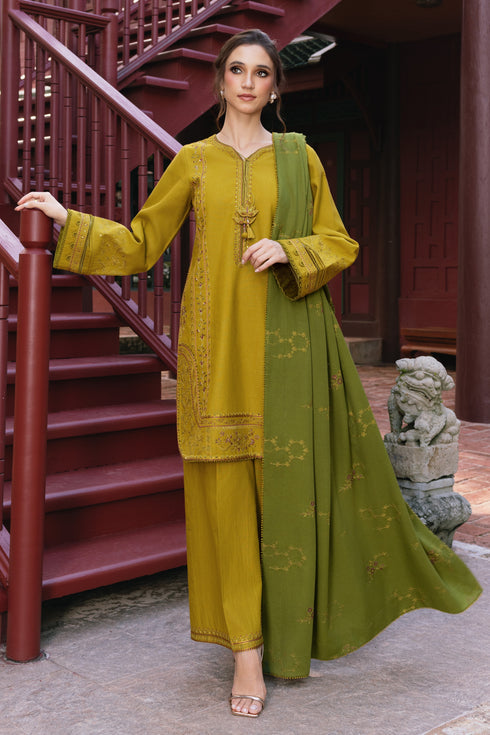 Mustard Embroidered Khaddar Short Shirt with Plazo - Naqshi | Nuri Khaddar Velvet Marina | Shanara