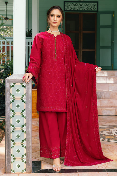 Redish Pink Embroidered Khaddar Short Shirt with Plazo - Naqshi | Nuri Khaddar Velvet Marina | Nadira