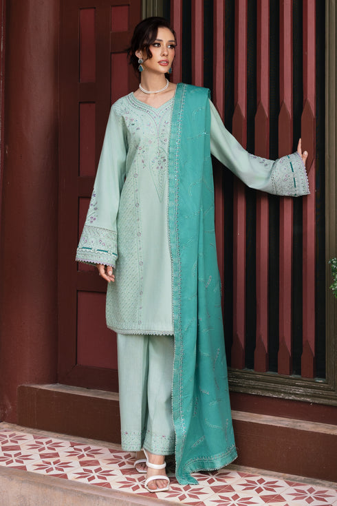 Aqua Embroidered Khaddar Short Shirt with Trouser - Naqshi | Nuri Khaddar Velvet Marina | Salsabeel