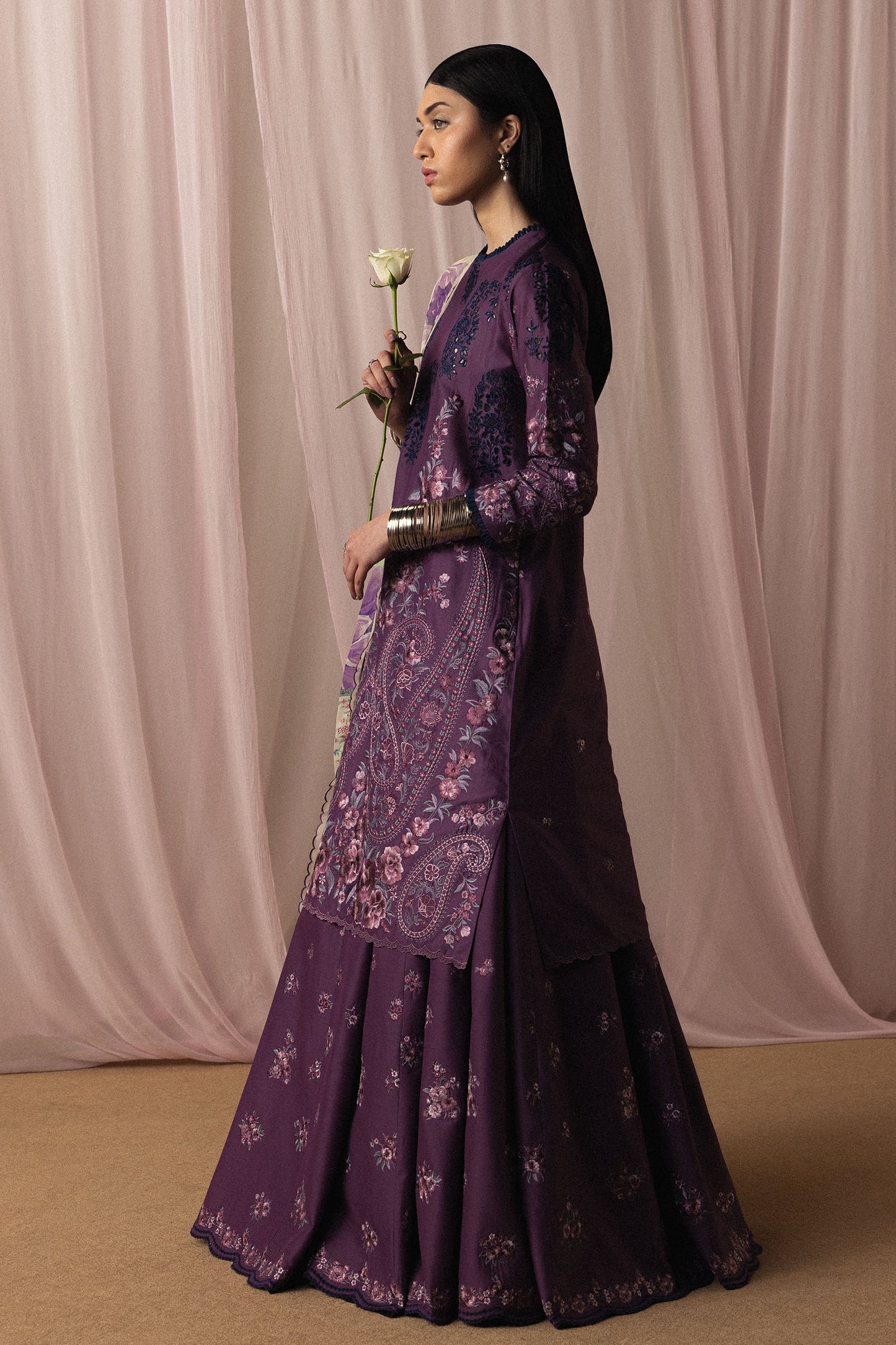  Model Wearing Plum Pima Lawn Shirt with Sharara - Zara Shahjahan | Satori 2026 | Sumire-D2 - Ladies Clothes - Maria Faisal