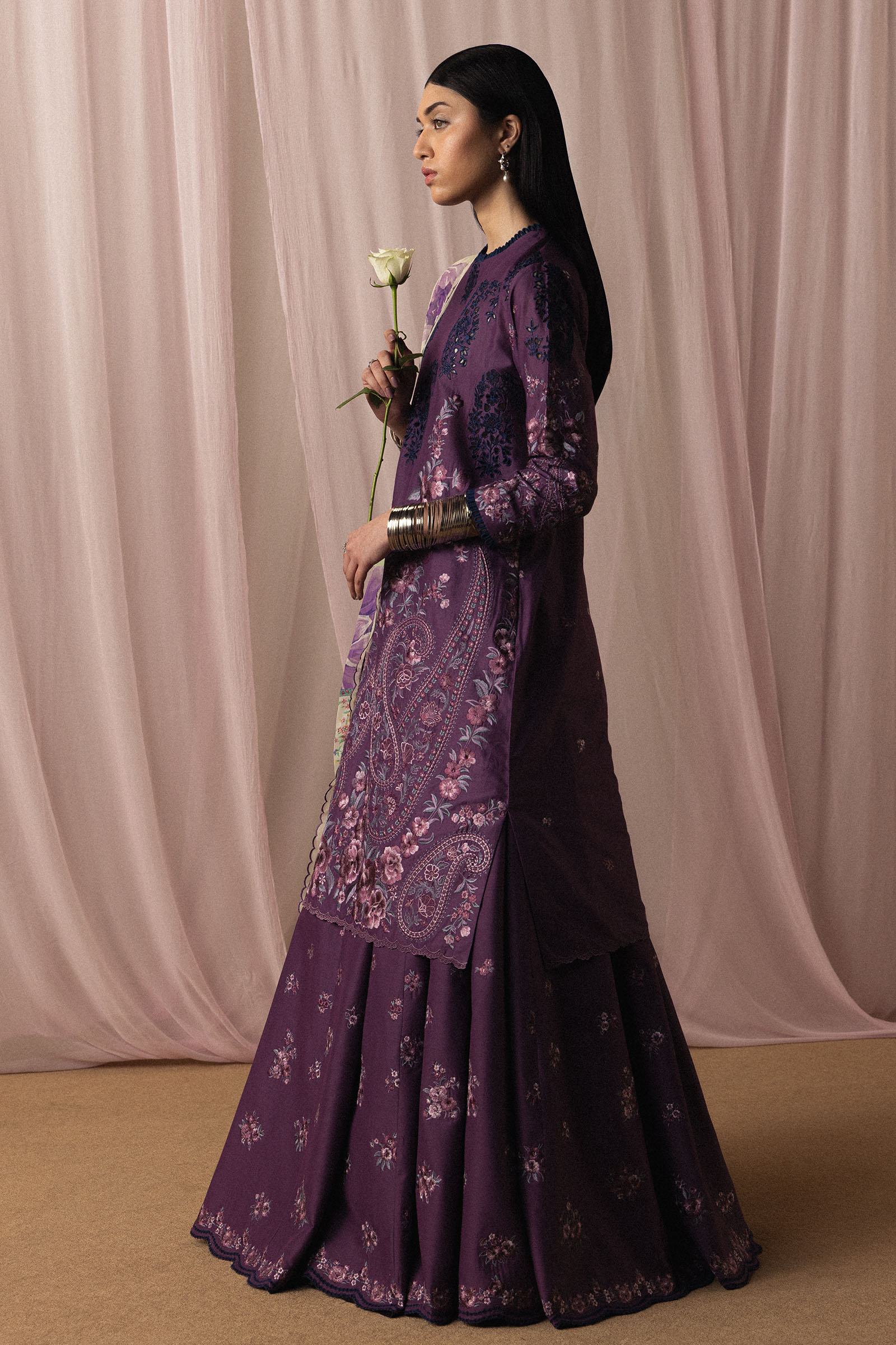  Model Wearing Plum Pima Lawn Shirt with Sharara - Zara Shahjahan | Satori 2026 | Sumire-D2 - Ladies Clothes - Maria Faisal