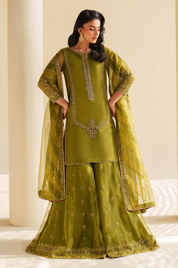 Mehndi Green Embroidered Organza Short Shirt with Sharara - Naqshi | Feemora Organza Raw Silk | Feeha