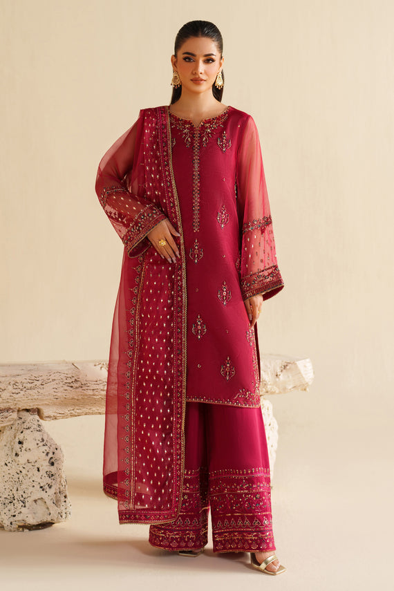 Redish Pink Embroidered Organza Short Shirt with Plazo - Naqshi | Feemora Organza Raw Silk | Yashal