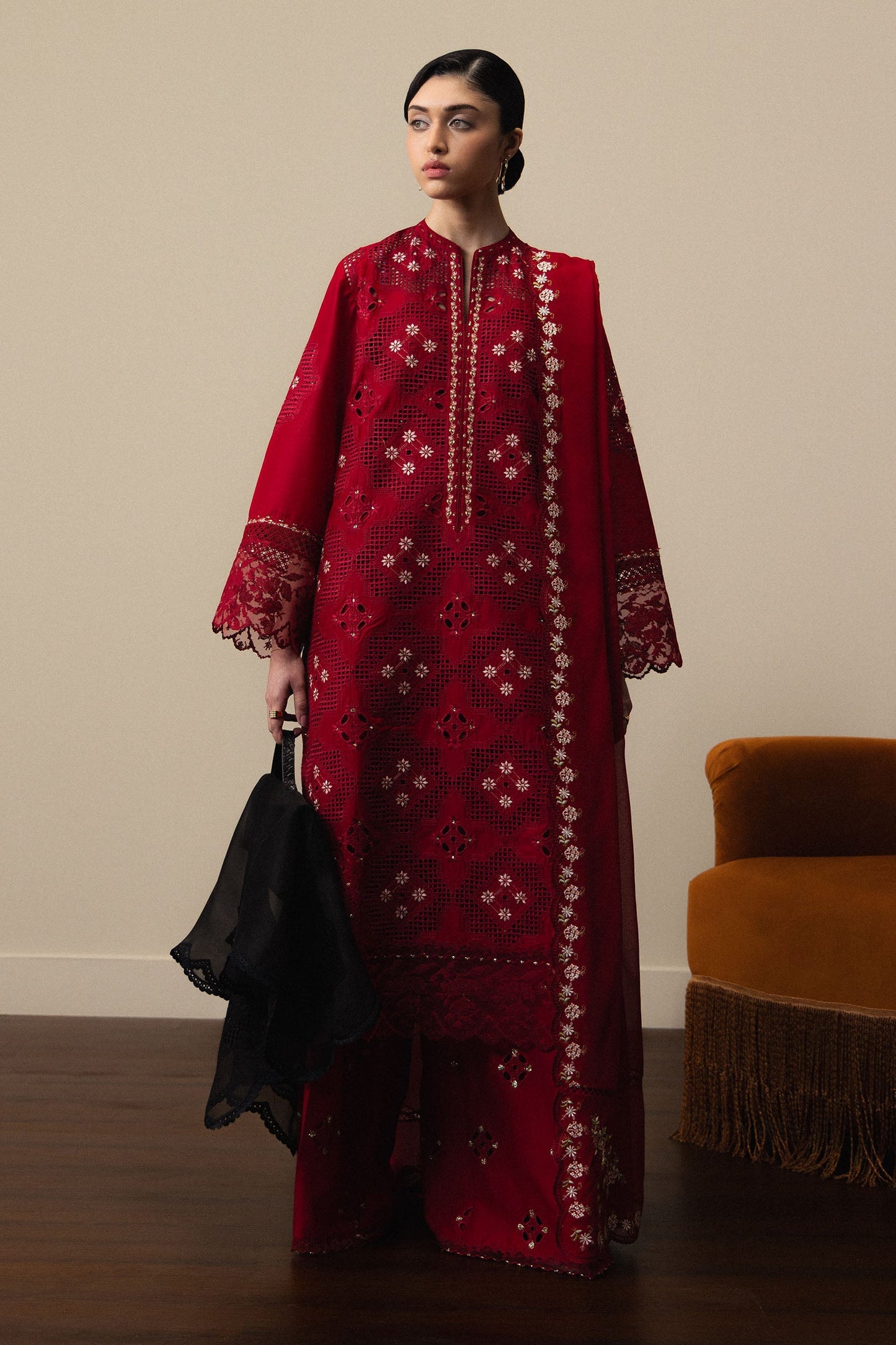  Model Wearing Red Pima Lawn Long Shirt - Zara Shahjahan | Satori 2026 | Akari-D8 - Ladies Clothes - Maria Faisal