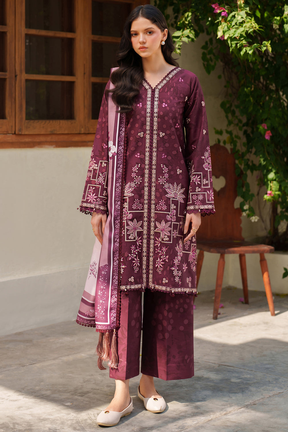 Farasha | Meline Premium Viscose 25 | Mauve Cream - Luxury Dress - available at Maria Faisal in UK and USA.