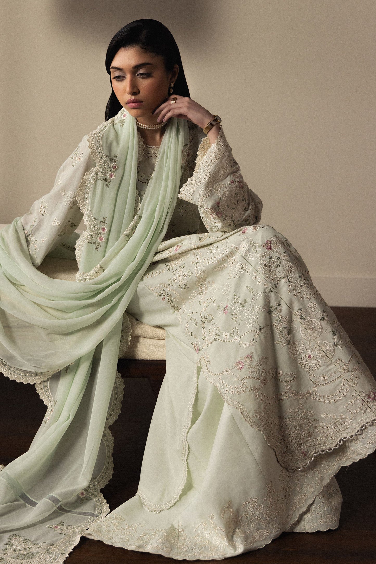  Model Wearing Mint Green Pima Lawn Long Shirt with Sharara - Zara Shahjahan | Satori 2026 | Aoiha-D4 - Ladies Clothes - Maria Faisal