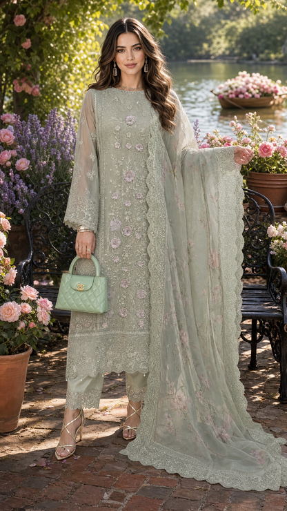Saadia Asad | Nooriyah Luxury Chiffon | D1 - Pistachio Mist - Formal Dress - available at Maria Faisal in UK and USA.