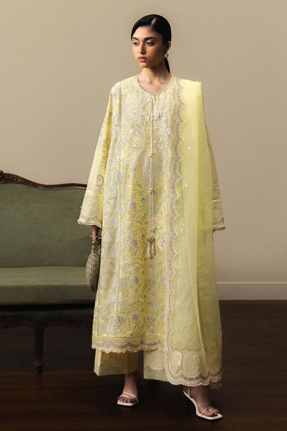  Model Wearing Lemon Yellow Pima Lawn Long Shirt - Zara Shahjahan | Satori 2026 | Hinata-D3 - Ladies Clothes - Maria Faisal