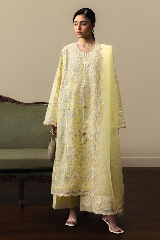  Model Wearing Lemon Yellow Pima Lawn Long Shirt - Zara Shahjahan | Satori 2026 | Hinata-D3 - Ladies Clothes - Maria Faisal