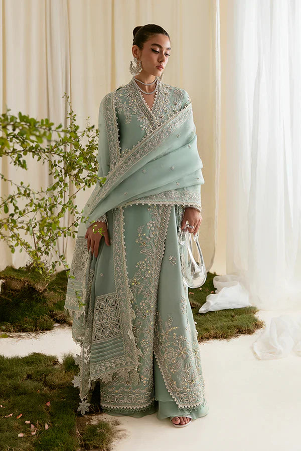 Suffuse | Freeshia Formals | Mint Angrakha - Luxury Dress - available at Maria Faisal in UK and USA.