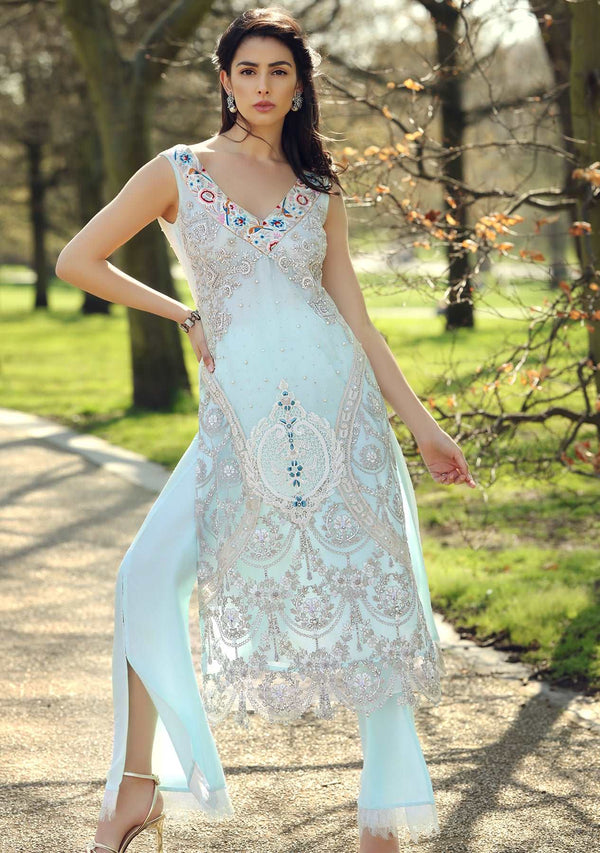 Layla Chatoor | Luxury Pret | Ice Blue Long Top - Luxury Dress - available at Maria Faisal in UK and USA.