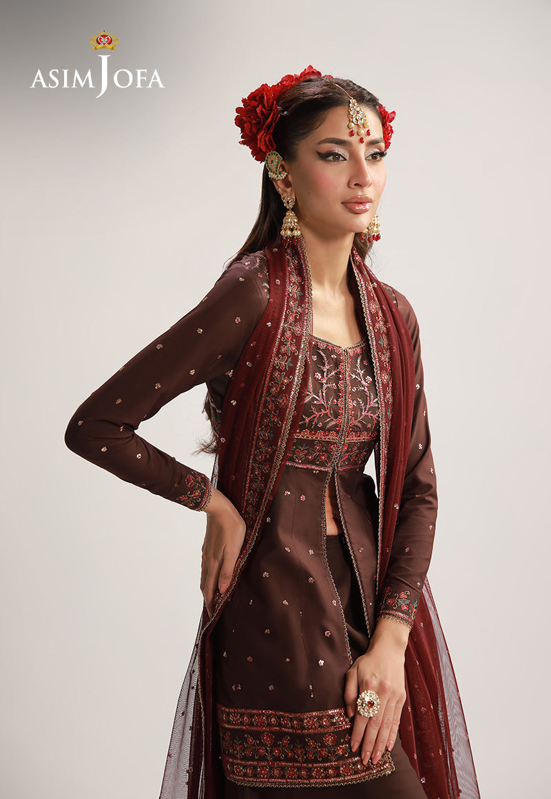 Chocolate Brown Embroidered Silk Short Open Shirt with Sharara - Asim Jofa | Layaan Festive Collection