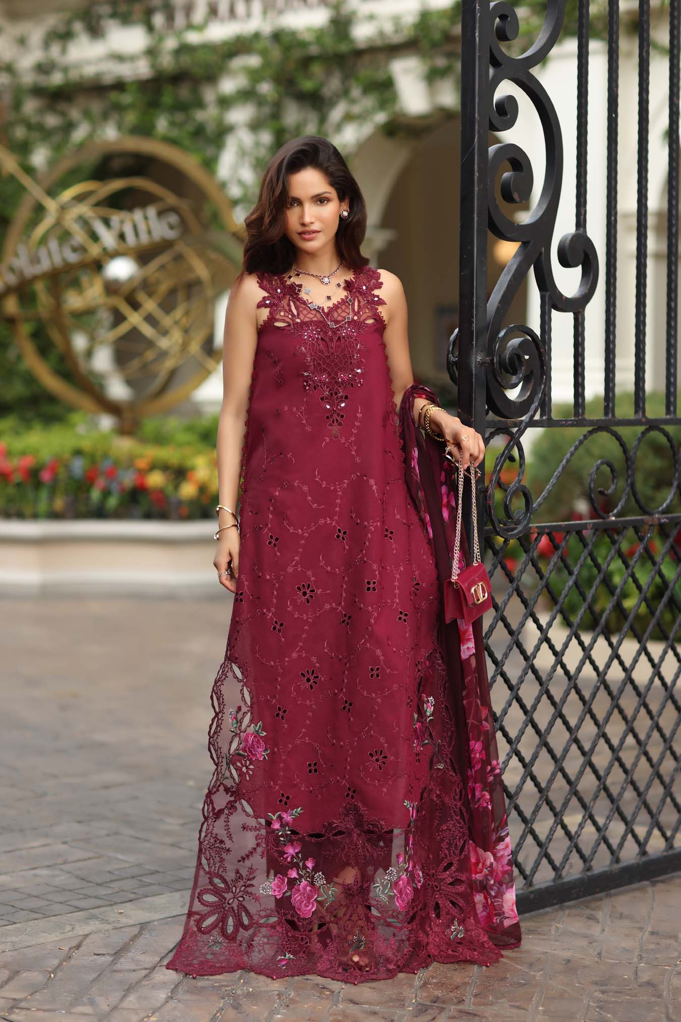 Noor by Saadia Asad | Eid Luxe Chikankari 26 | D3 -Bordeaux - Luxury Dress - available at Maria Faisal in UK and USA.