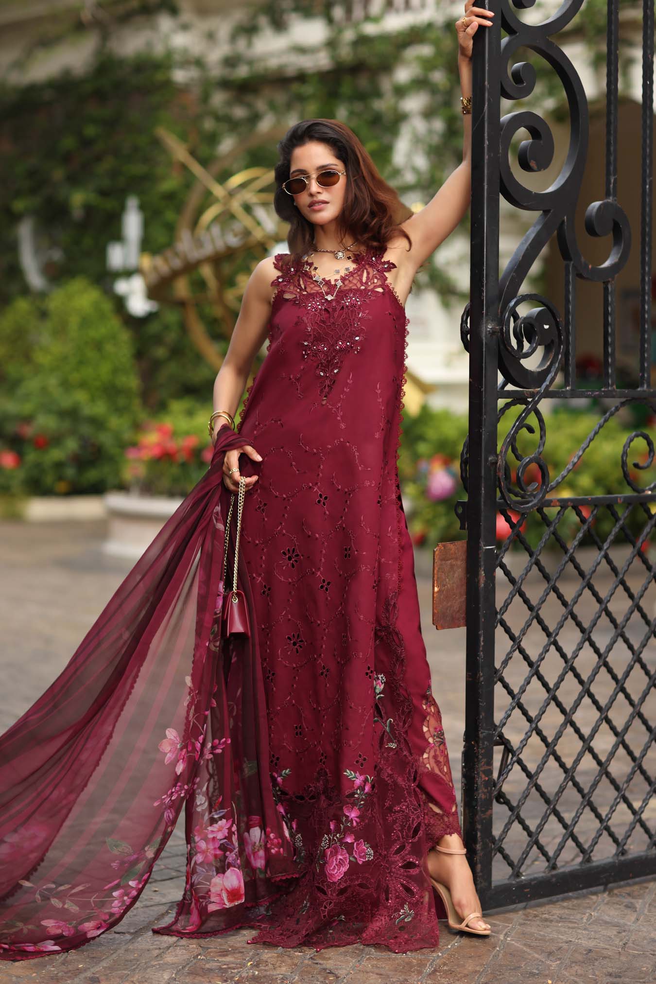 Noor by Saadia Asad | Eid Luxe Chikankari 26 | D3 -Bordeaux - Luxury Dress - available at Maria Faisal in UK and USA.