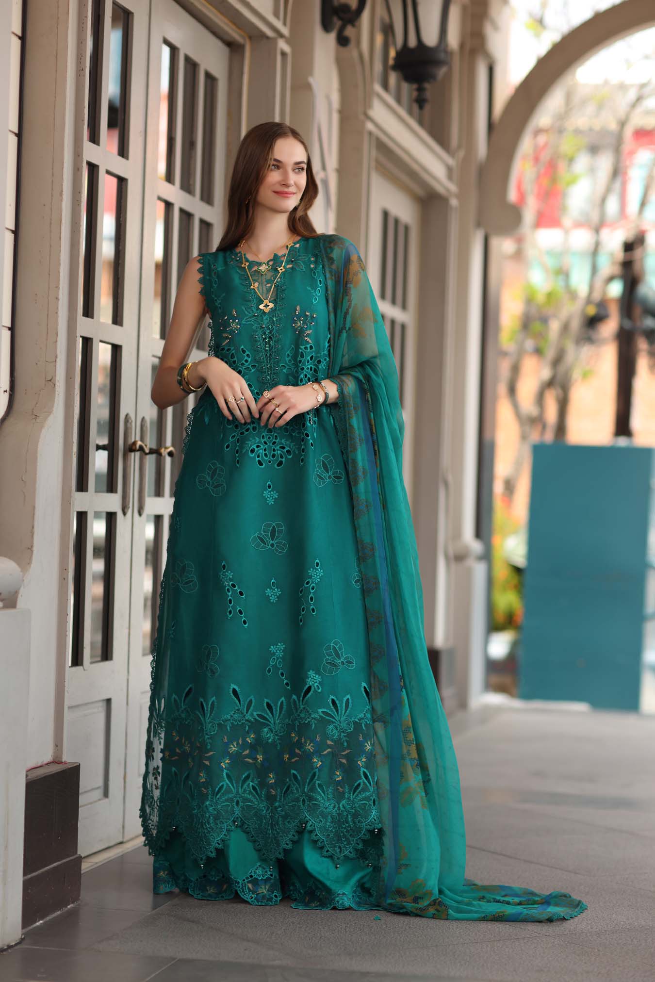 Noor by Saadia Asad | Eid Luxe Chikankari 26 | D1 - Malachite Green - Luxury Dress - available at Maria Faisal in UK and USA.