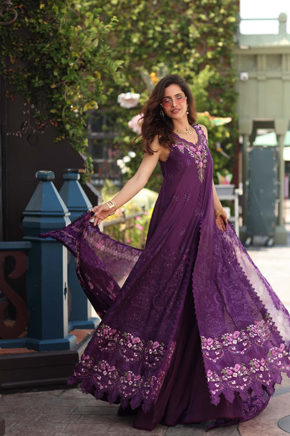 Noor by Saadia Asad | Eid Luxe Chikankari 26 | D7 - Aubergine Bloom - Luxury Dress - available at Maria Faisal in UK and USA.