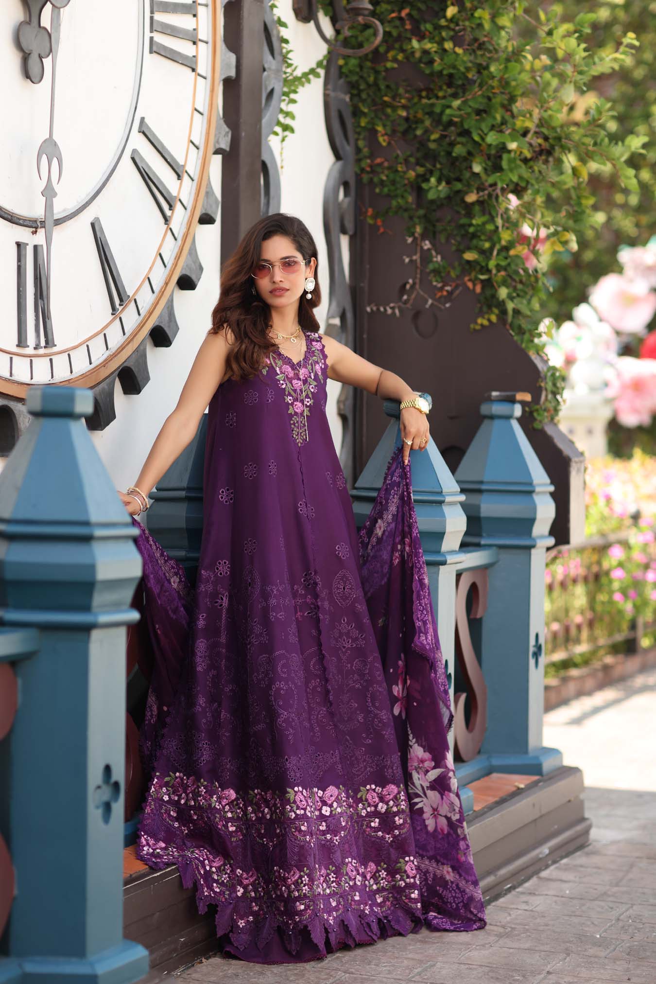 Noor by Saadia Asad | Eid Luxe Chikankari 26 | D7 - Aubergine Bloom - Luxury Dress - available at Maria Faisal in UK and USA.