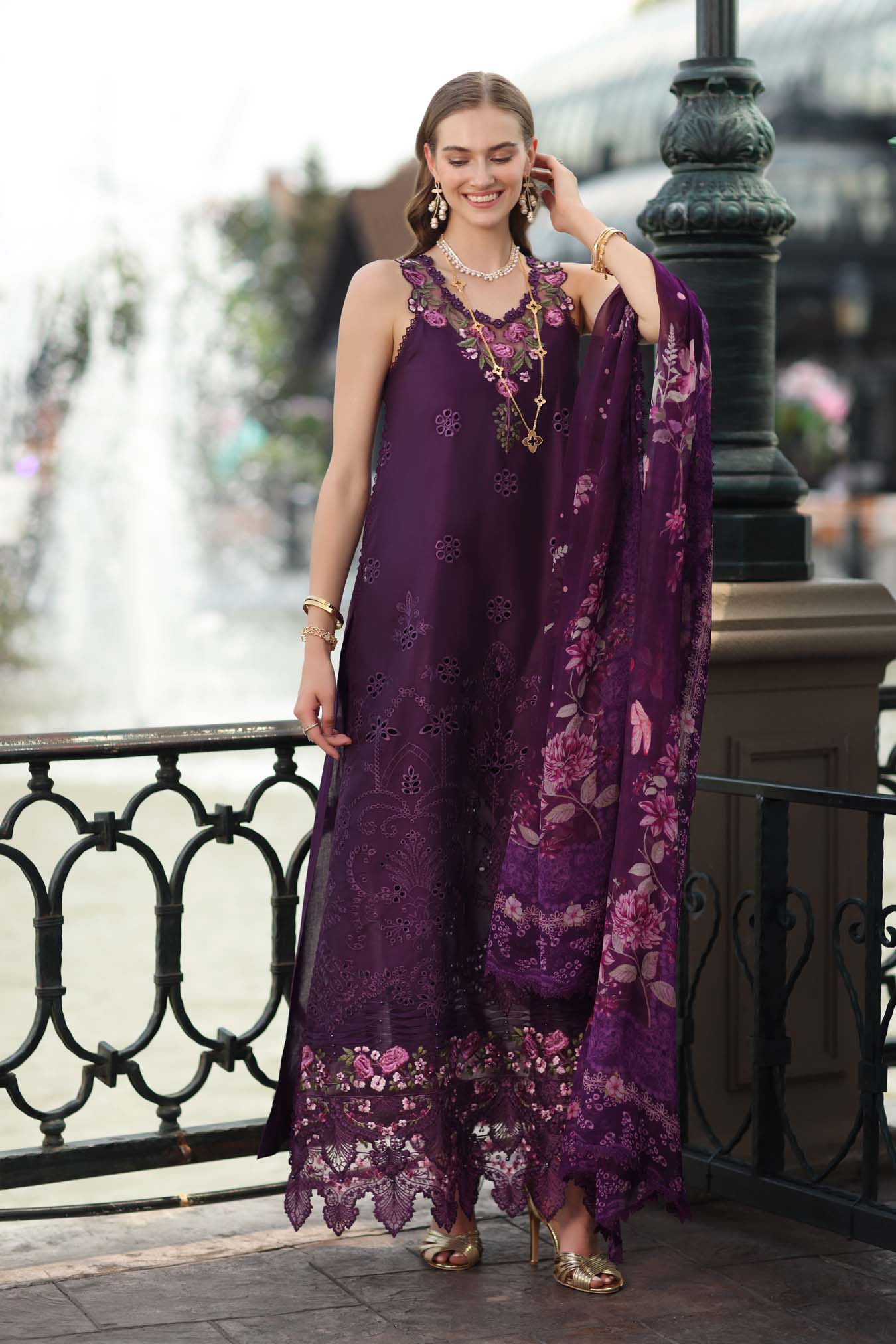 Noor by Saadia Asad | Eid Luxe Chikankari 26 | D7 - Aubergine Bloom - Luxury Dress - available at Maria Faisal in UK and USA.