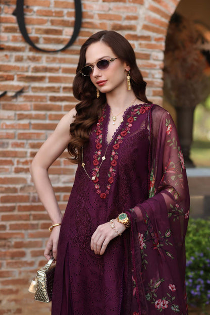 Noor by Saadia Asad | Luxury Eid Schiffli Laserkari 26 | D10 -Plum Royal - Luxury Dress - available at Maria Faisal in UK and USA.