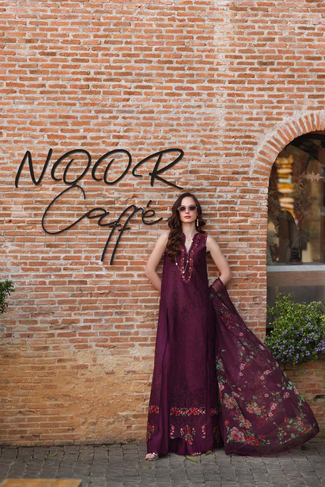 Noor by Saadia Asad | Luxury Eid Schiffli Laserkari 26 | D10 -Plum Royal - Luxury Dress - available at Maria Faisal in UK and USA.