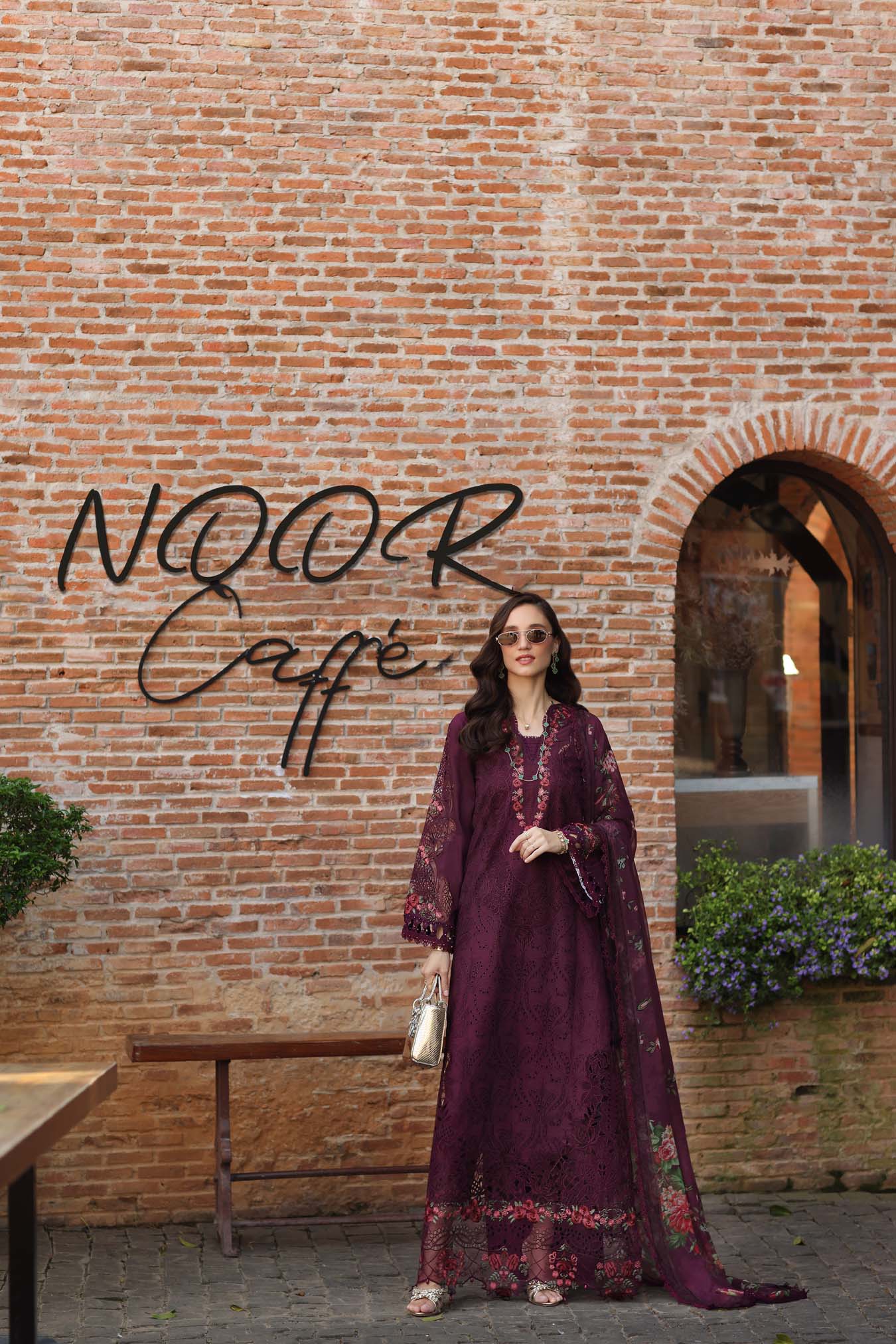 Noor by Saadia Asad | Luxury Eid Schiffli Laserkari 26 | D10 -Plum Royal - Luxury Dress - available at Maria Faisal in UK and USA.