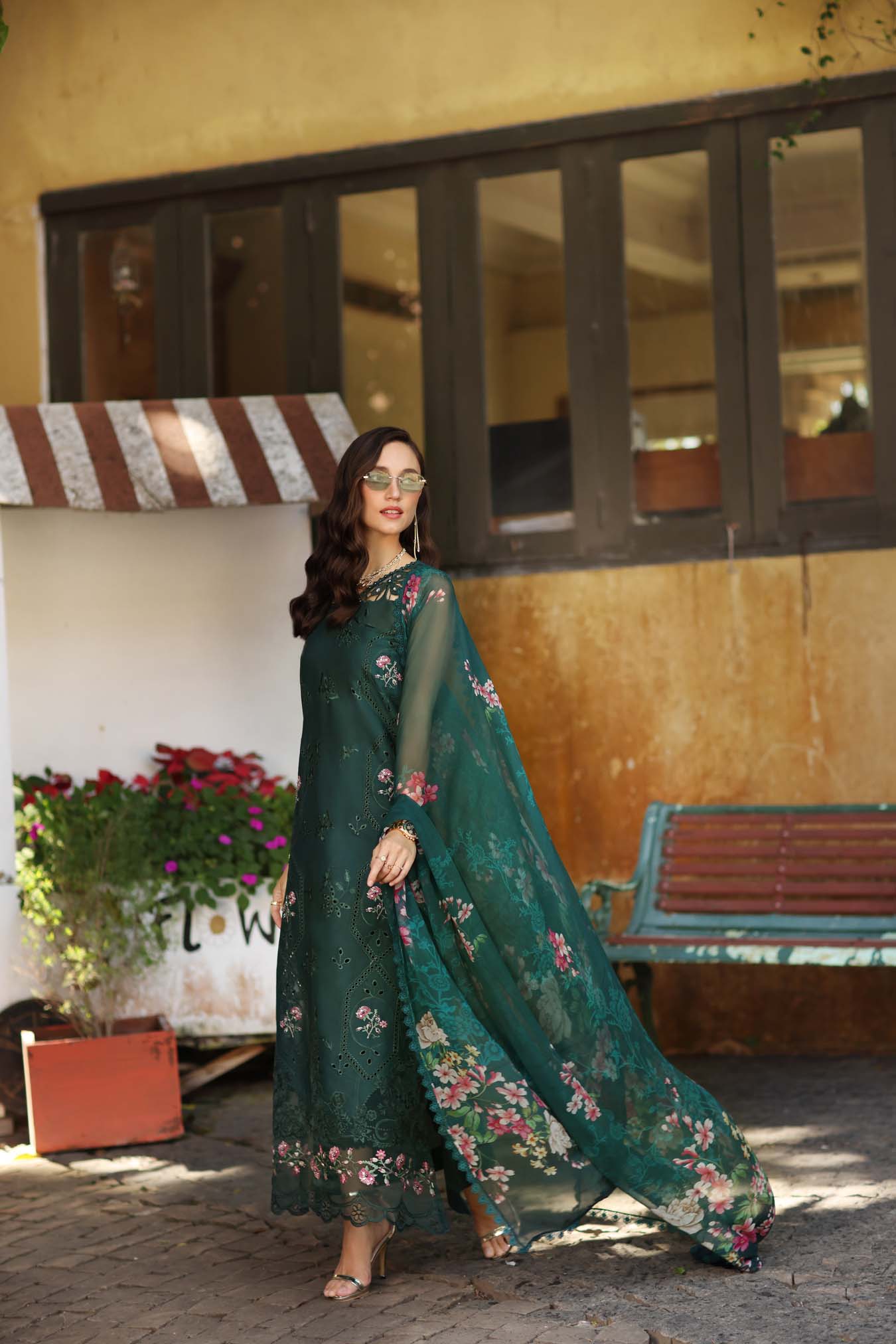 Noor by Saadia Asad | Luxury Eid Schiffli Laserkari 26 | D11 - Emerald Jewel - Luxury Dress - available at Maria Faisal in UK and USA.