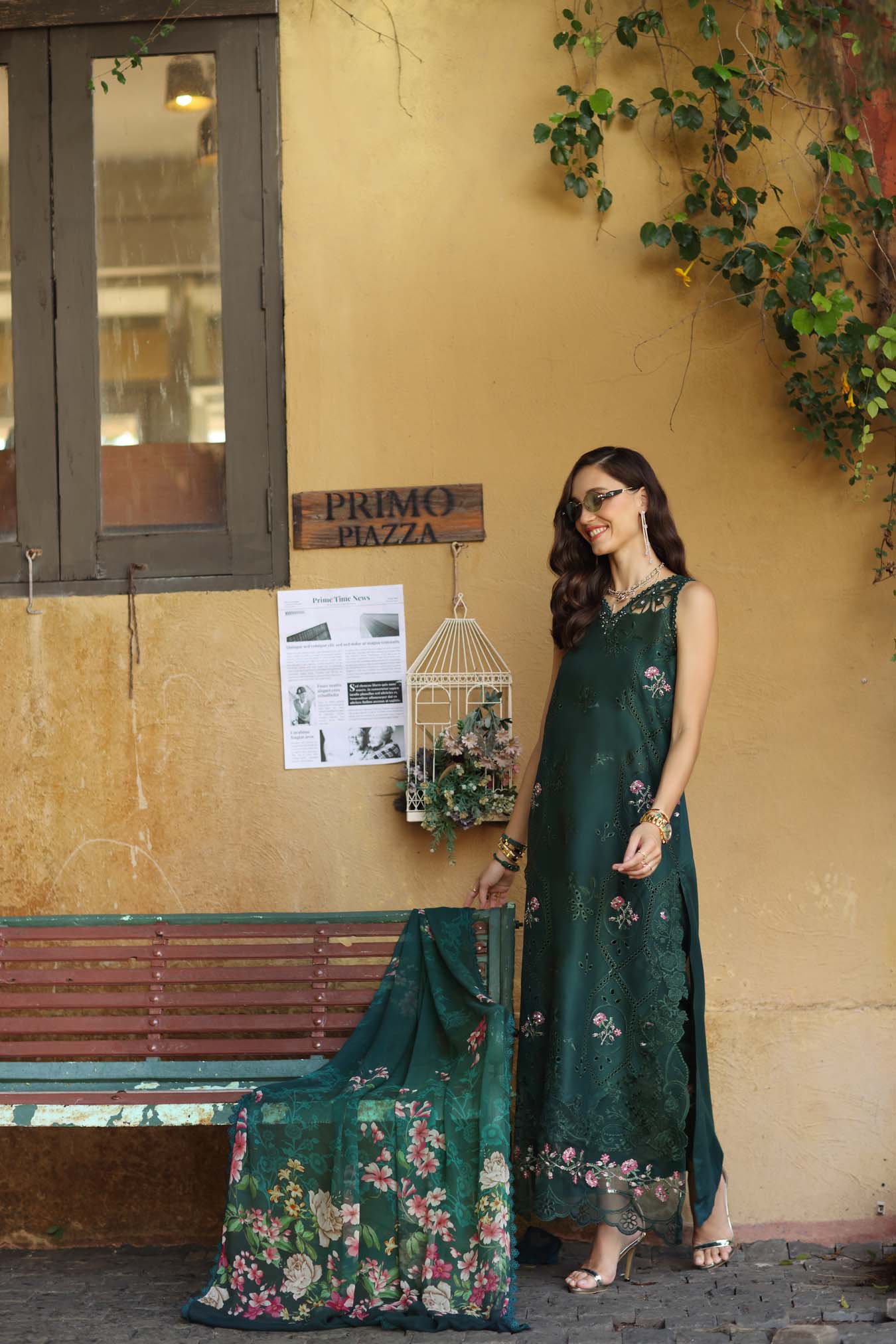 Noor by Saadia Asad | Luxury Eid Schiffli Laserkari 26 | D11 - Emerald Jewel - Luxury Dress - available at Maria Faisal in UK and USA.