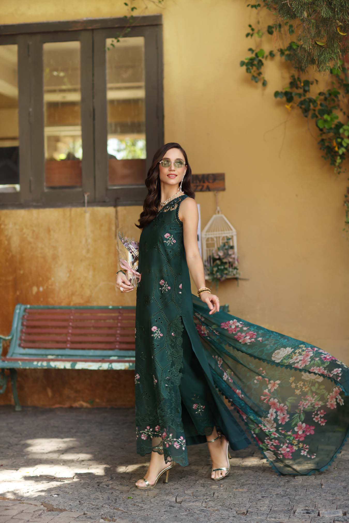 Noor by Saadia Asad | Luxury Eid Schiffli Laserkari 26 | D11 - Emerald Jewel - Luxury Dress - available at Maria Faisal in UK and USA.