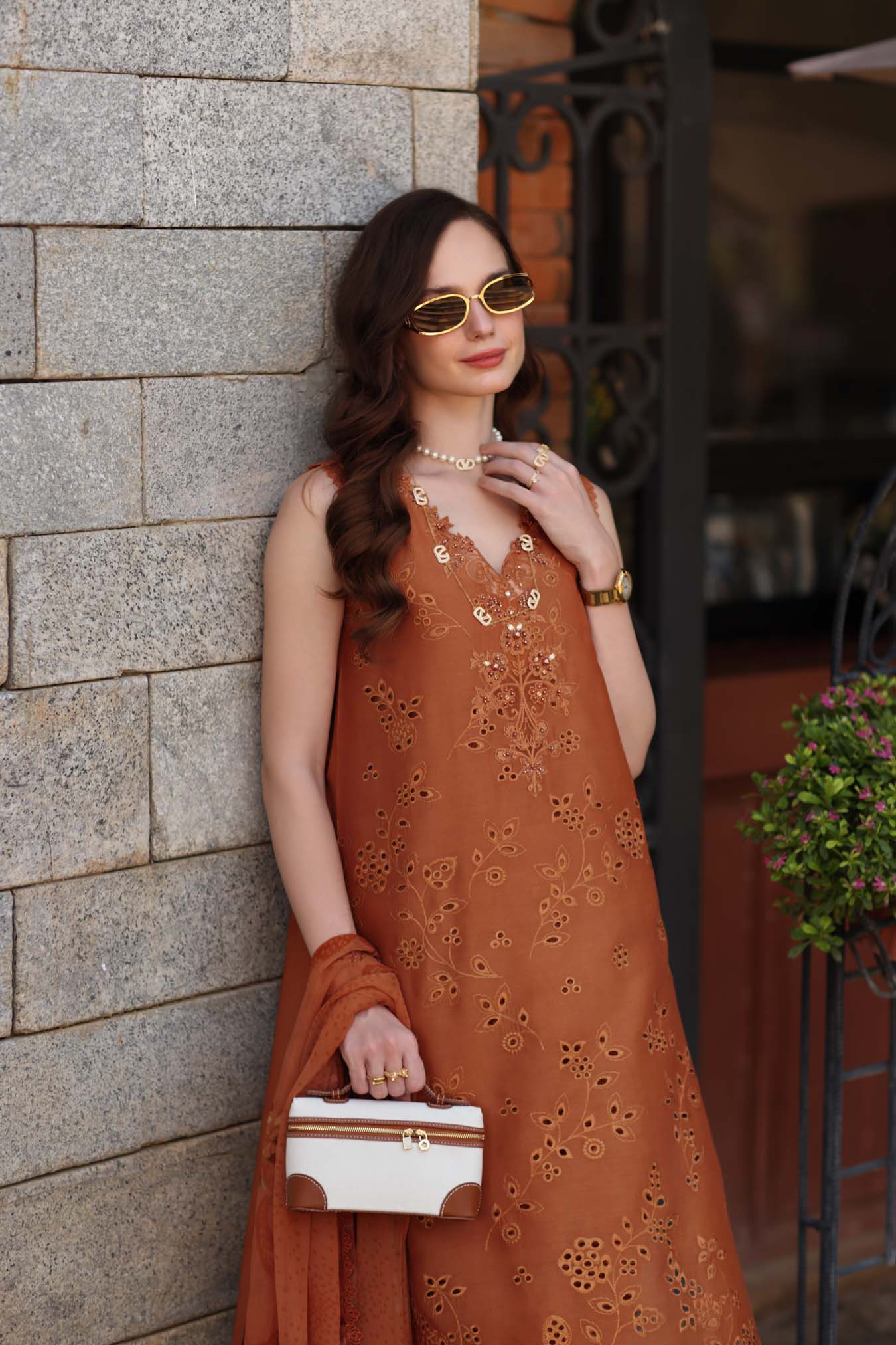 Noor by Saadia Asad | Luxury Eid Schiffli Laserkari 26 | D6 -Amber Rustique - Luxury Dress - available at Maria Faisal in UK and USA.