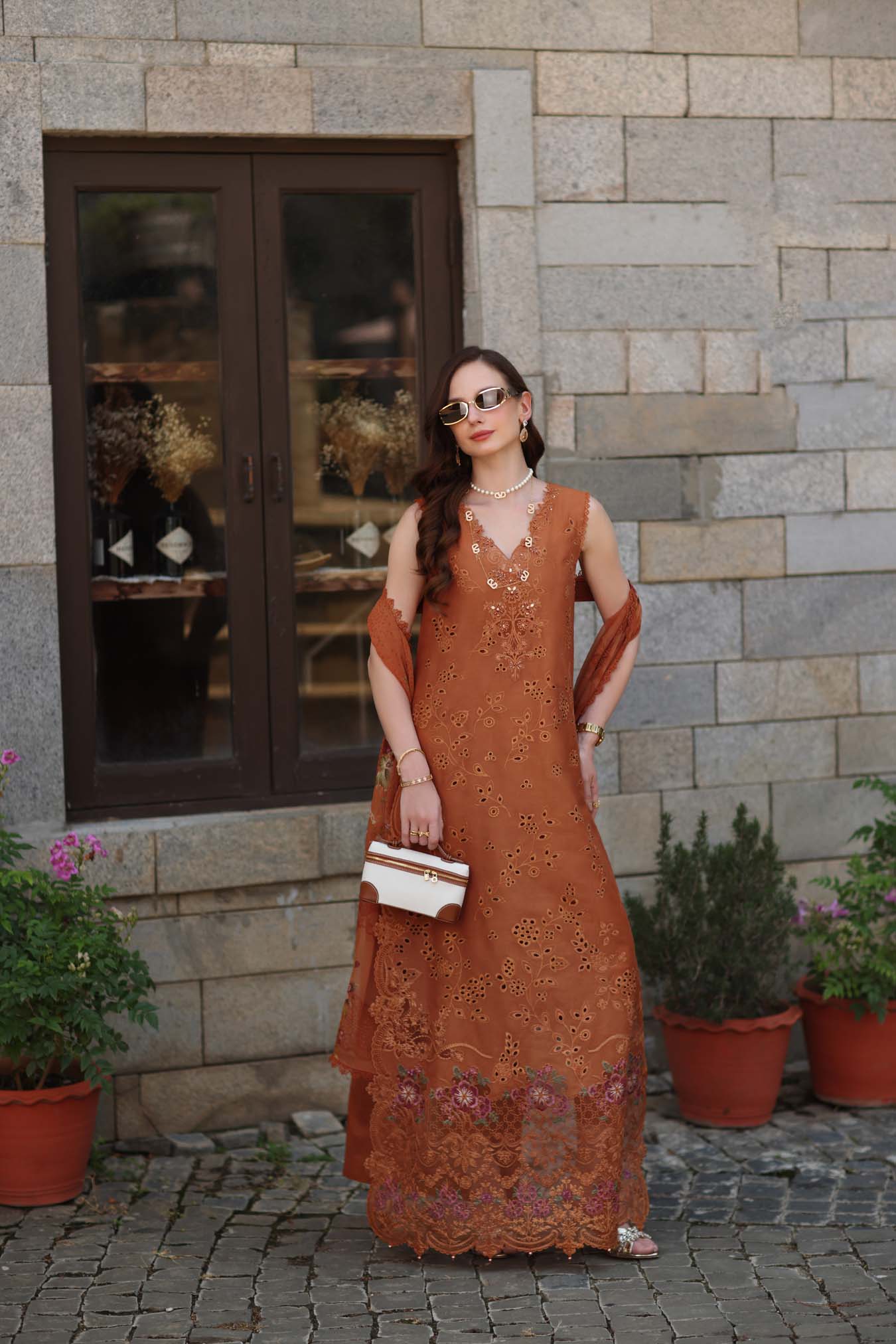 Noor by Saadia Asad | Luxury Eid Schiffli Laserkari 26 | D6 -Amber Rustique - Luxury Dress - available at Maria Faisal in UK and USA.