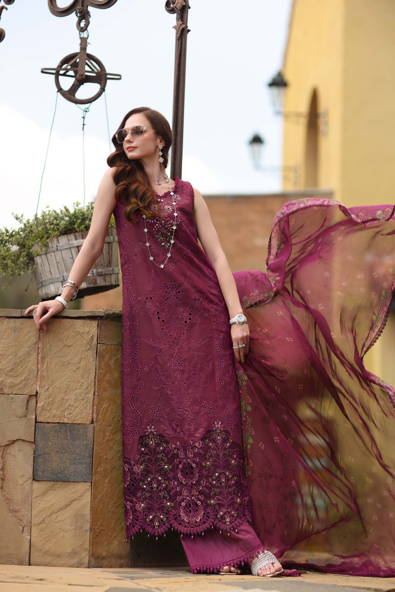 Noor by Saadia Asad | Luxury Eid Schiffli Laserkari 26 | D8 -Rasberry love - Luxury Dress - available at Maria Faisal in UK and USA.