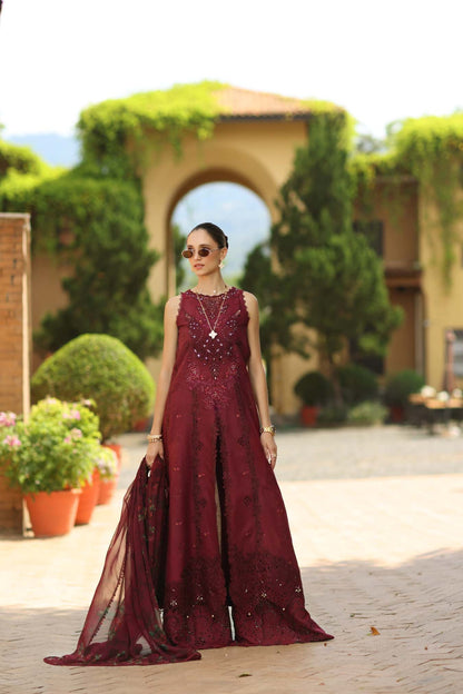 Noor by Saadia Asad | Luxury Eid Schiffli Laserkari 26 | D12 -Amalfi Rouge - Formal Dress - available at Maria Faisal in UK and USA.