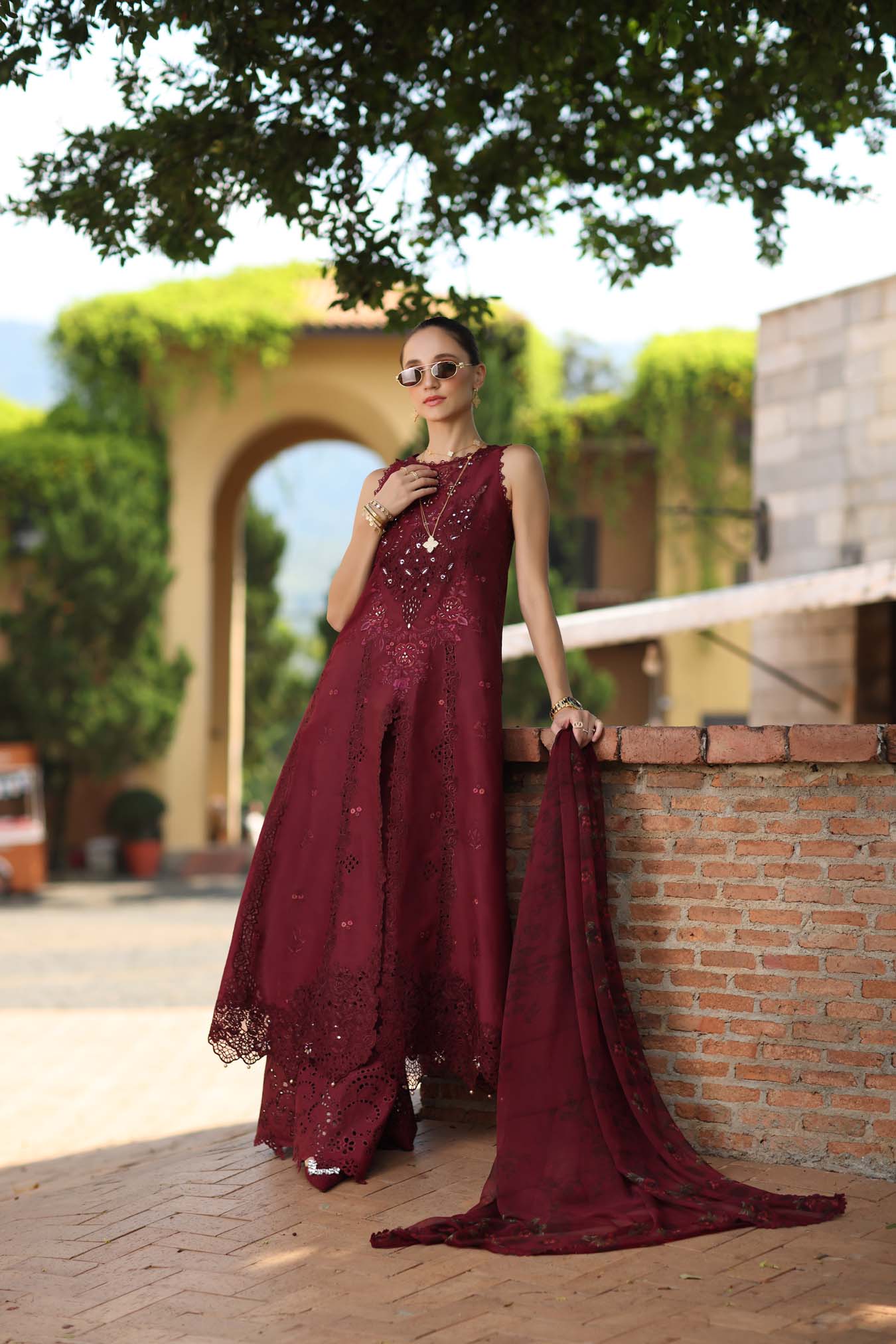 Noor by Saadia Asad | Luxury Eid Schiffli Laserkari 26 | D12 -Amalfi Rouge - Formal Dress - available at Maria Faisal in UK and USA.