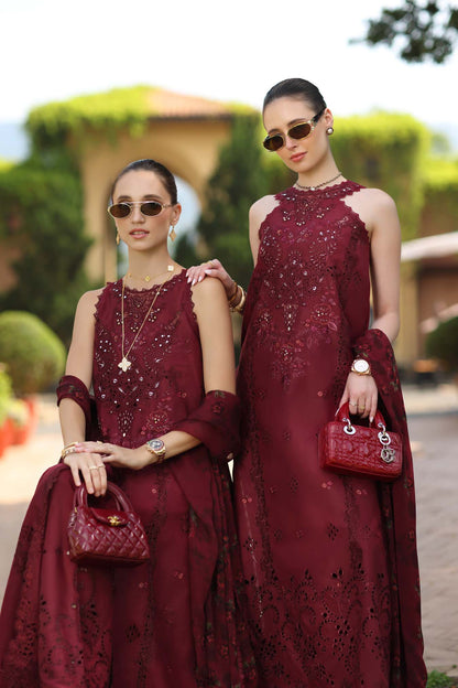 Noor by Saadia Asad | Luxury Eid Schiffli Laserkari 26 | D12 -Amalfi Rouge - Formal Dress - available at Maria Faisal in UK and USA.
