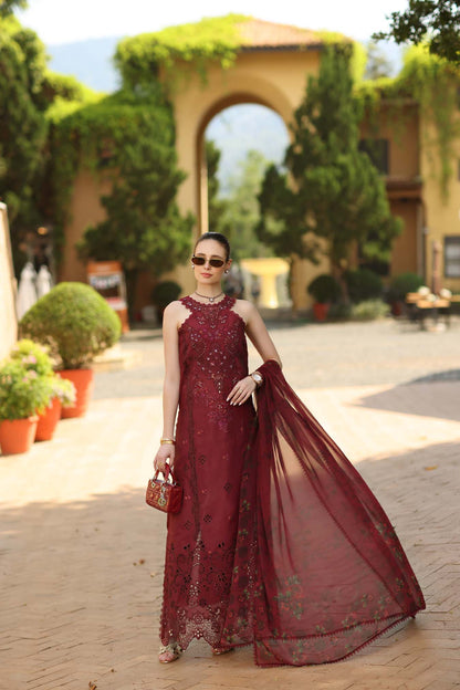 Noor by Saadia Asad | Luxury Eid Schiffli Laserkari 26 | D12 -Amalfi Rouge - Formal Dress - available at Maria Faisal in UK and USA.
