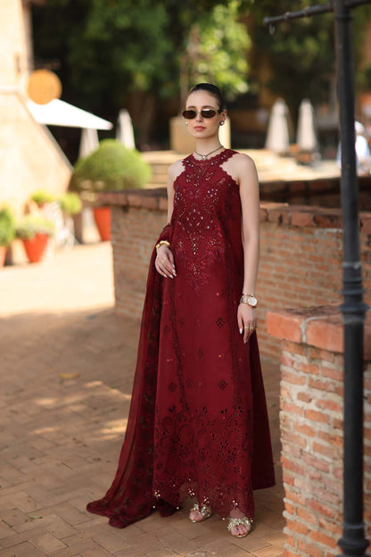 Noor by Saadia Asad | Luxury Eid Schiffli Laserkari 26 | D12 -Amalfi Rouge - Formal Dress - available at Maria Faisal in UK and USA.