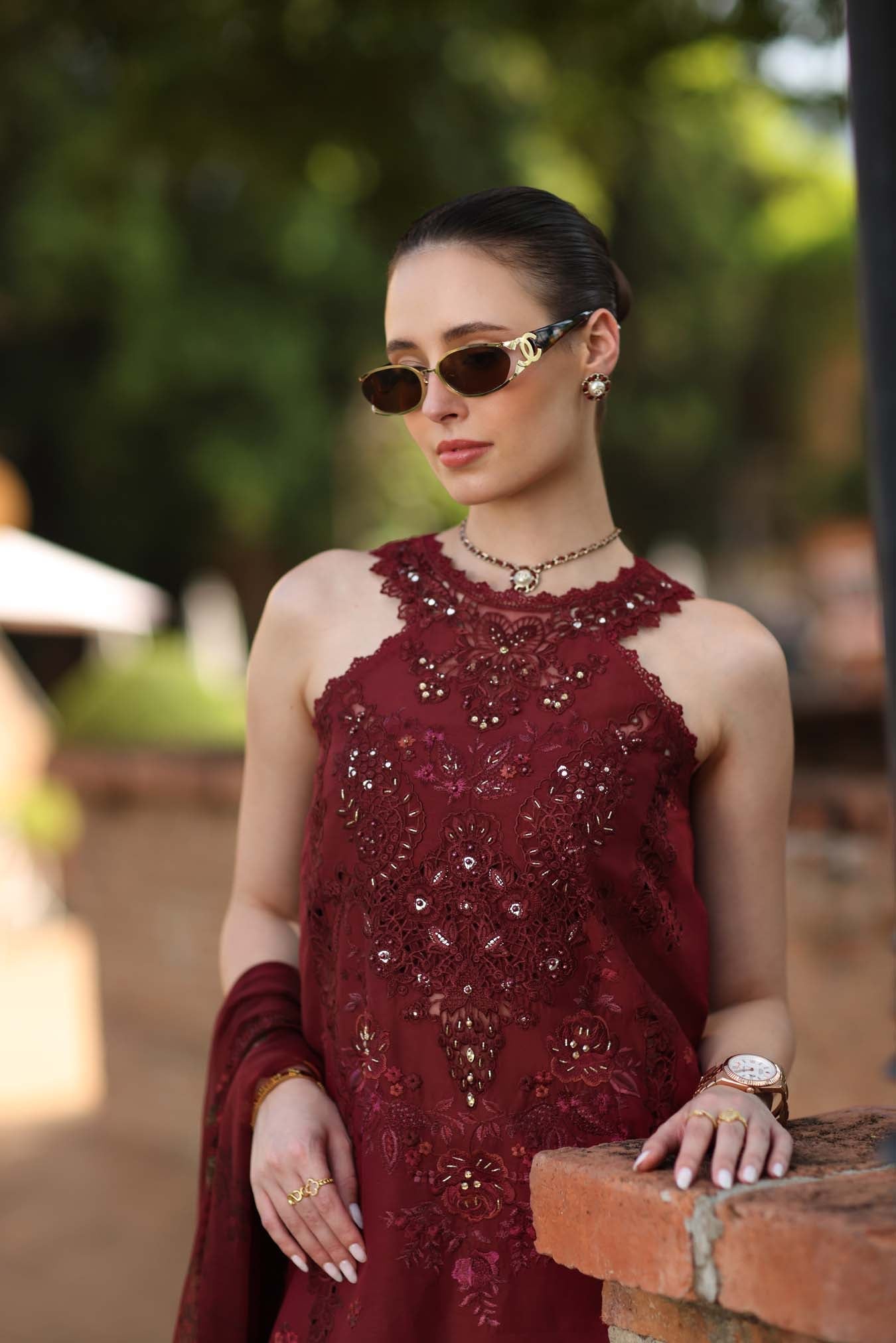 Noor by Saadia Asad | Luxury Eid Schiffli Laserkari 26 | D12 -Amalfi Rouge - Formal Dress - available at Maria Faisal in UK and USA.