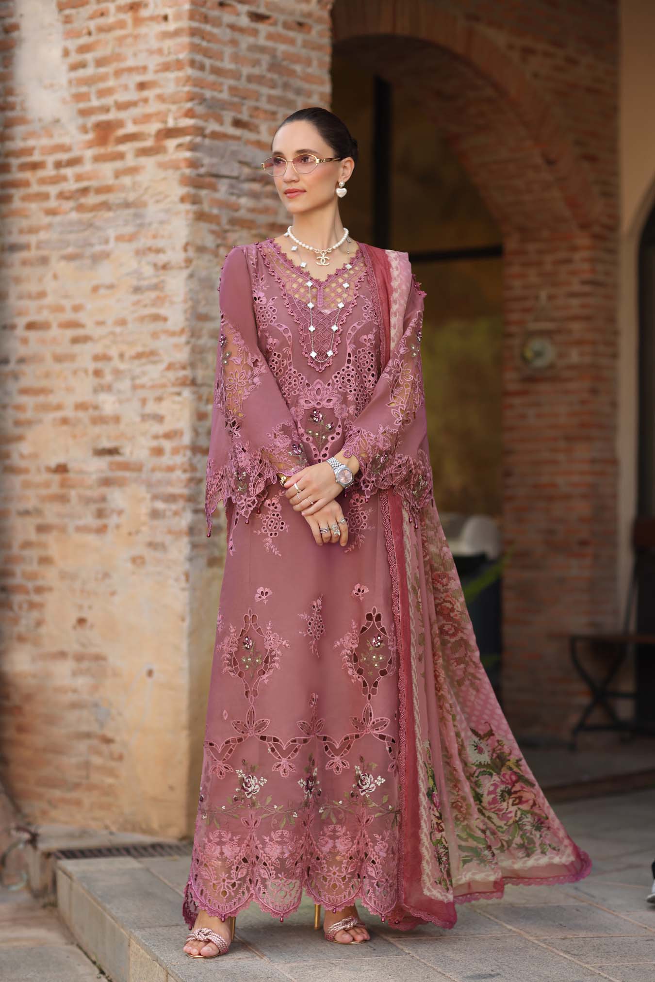 Noor by Saadia Asad | Luxury Eid Schiffli Laserkari 26 | D1 -Rose Allure - Luxury Dress - available at Maria Faisal in UK and USA.