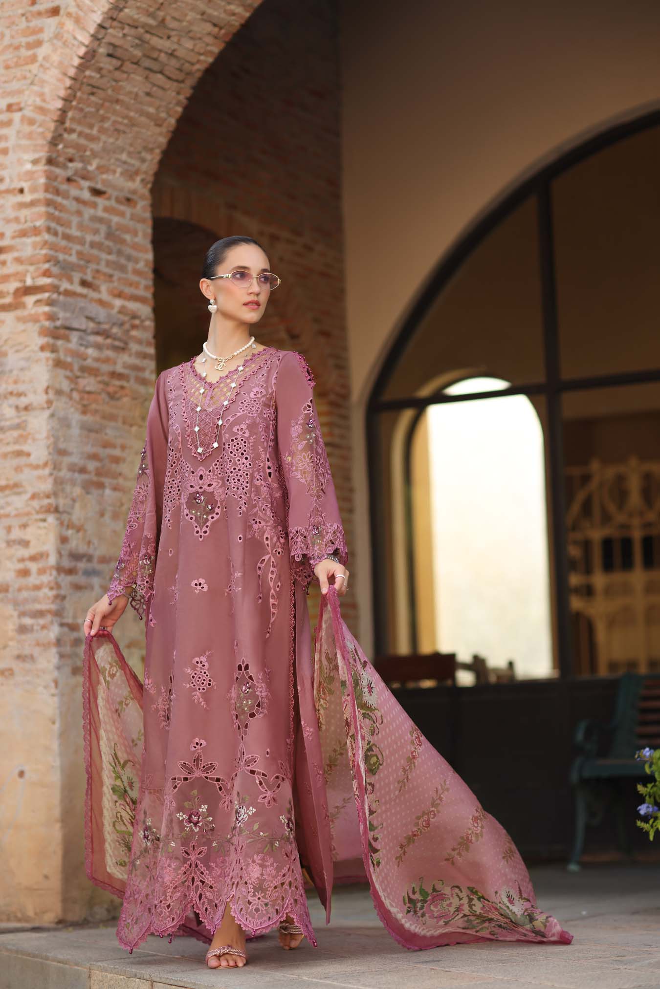 Noor by Saadia Asad | Luxury Eid Schiffli Laserkari 26 | D1 -Rose Allure - Luxury Dress - available at Maria Faisal in UK and USA.