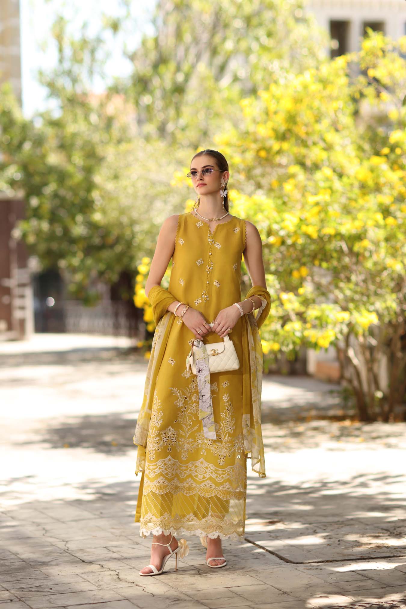 Noor by Saadia Asad | Eid Luxe Printkhaas 26 | D1 - B - Mango Yellow - Luxury Dress - available at Maria Faisal in UK and USA.