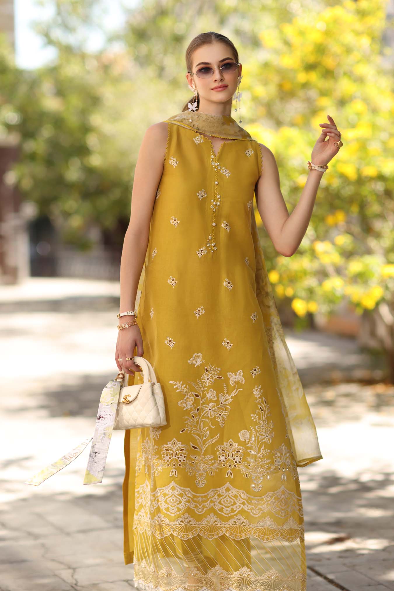 Noor by Saadia Asad | Eid Luxe Printkhaas 26 | D1 - B - Mango Yellow - Luxury Dress - available at Maria Faisal in UK and USA.
