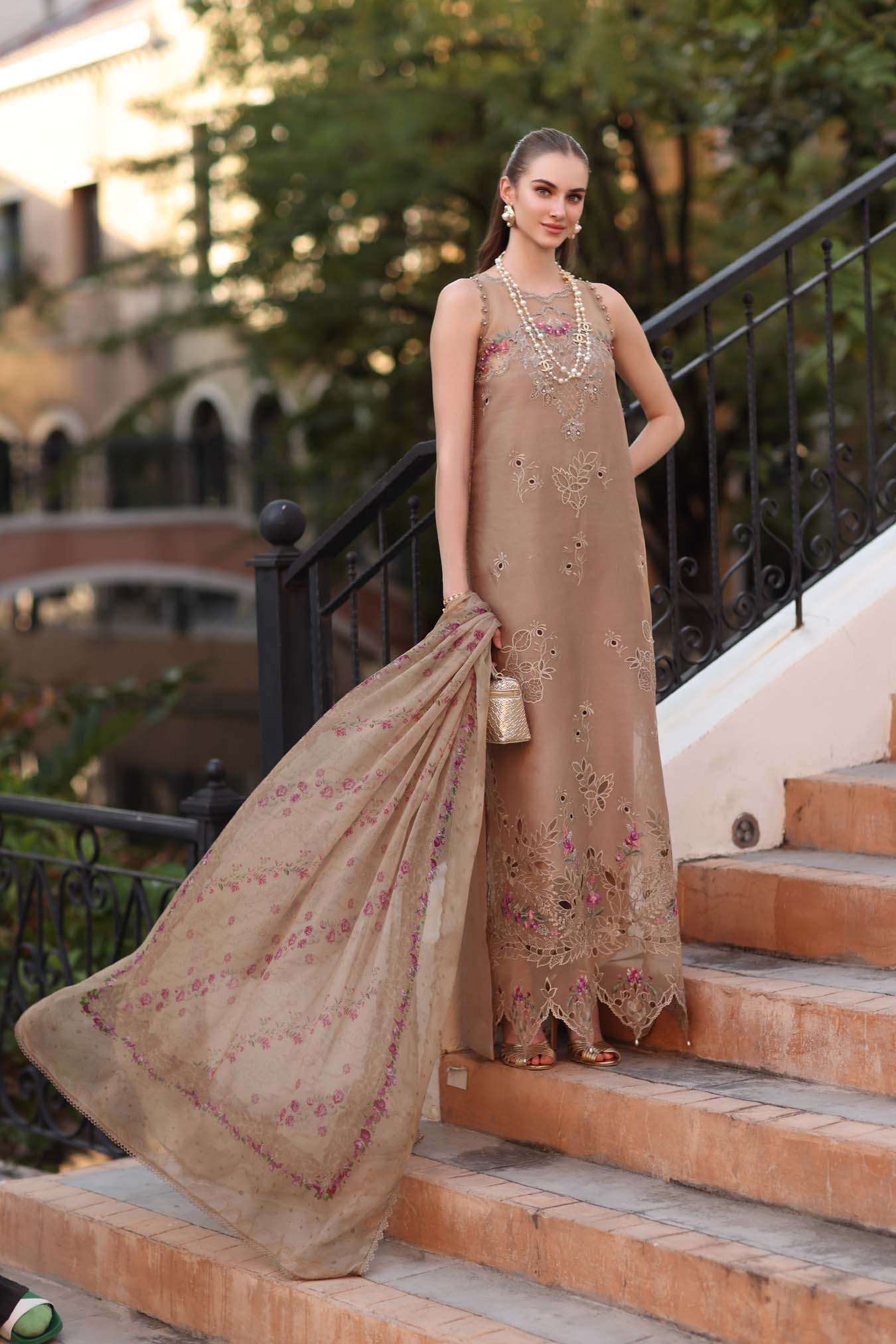 Noor by Saadia Asad | Eid Luxe Printkhaas 26 | D5 - B - Warm Biscotti - Luxury Dress - available at Maria Faisal in UK and USA.