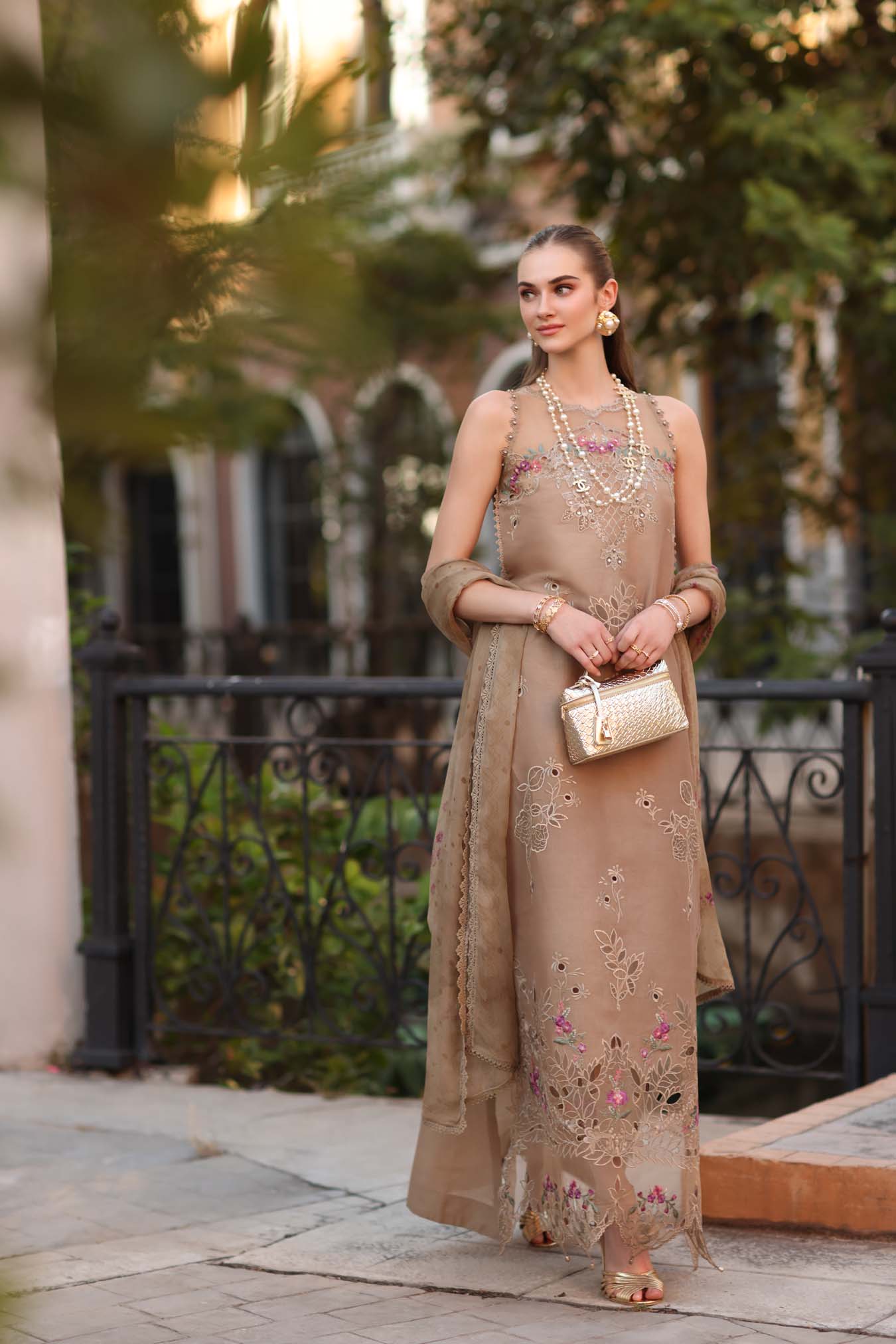 Noor by Saadia Asad | Eid Luxe Printkhaas 26 | D5 - B - Warm Biscotti - Luxury Dress - available at Maria Faisal in UK and USA.