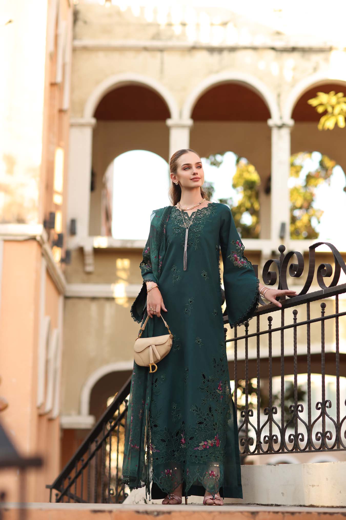 Noor by Saadia Asad | Eid Luxe Printkhaas 26 | D5 - A - Teal Grove - Luxury Dress - available at Maria Faisal in UK and USA.