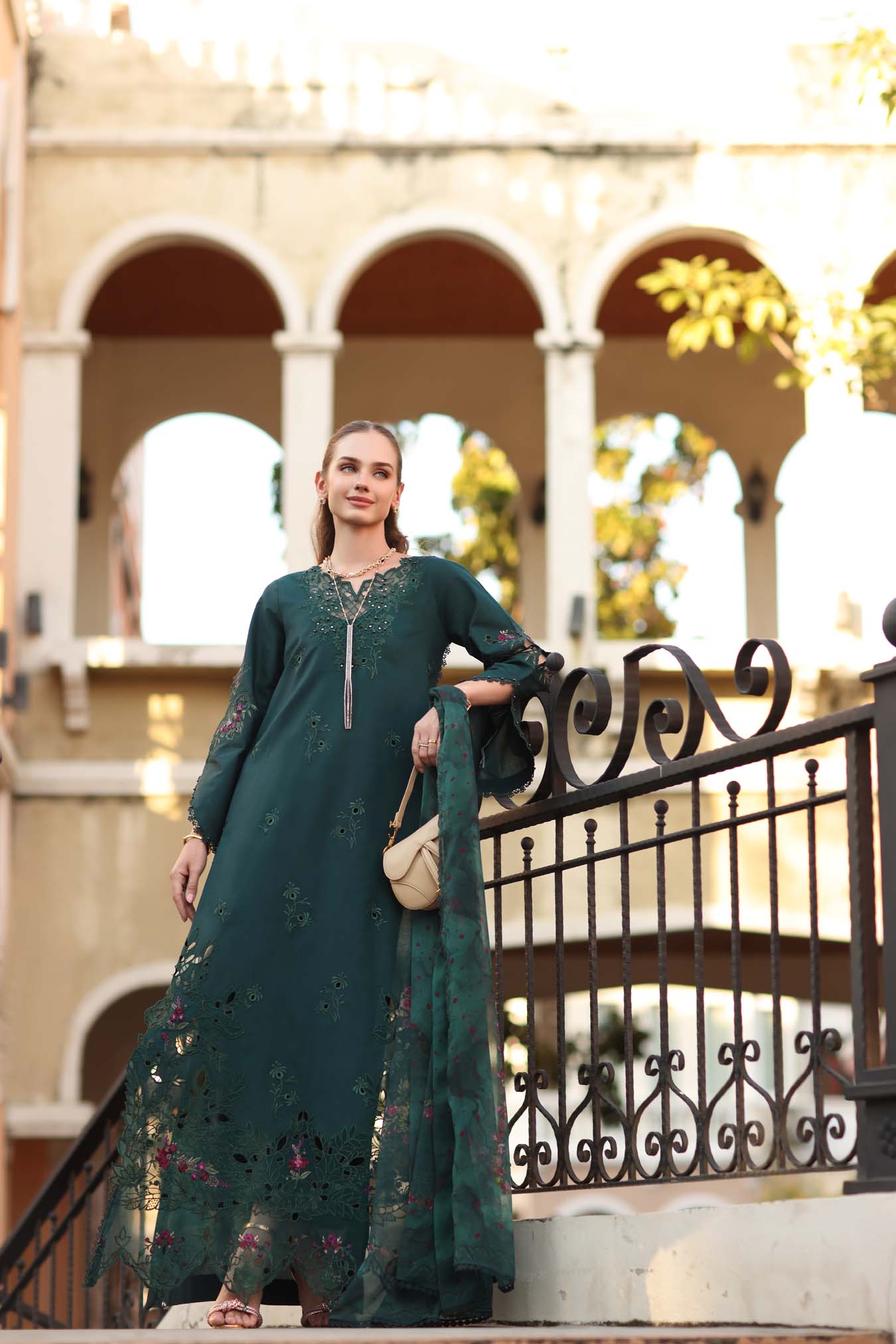 Noor by Saadia Asad | Eid Luxe Printkhaas 26 | D5 - A - Teal Grove - Luxury Dress - available at Maria Faisal in UK and USA.