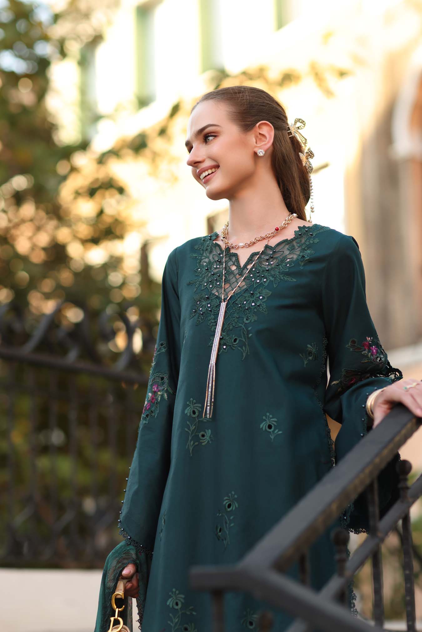 Noor by Saadia Asad | Eid Luxe Printkhaas 26 | D5 - A - Teal Grove - Luxury Dress - available at Maria Faisal in UK and USA.