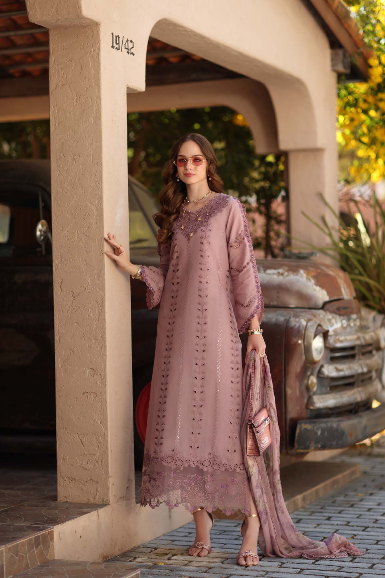 Noor by Saadia Asad | Luxe Chikankari 26 | D4 - B - Dusky Rose - Luxury Dress - available at Maria Faisal in UK and USA.